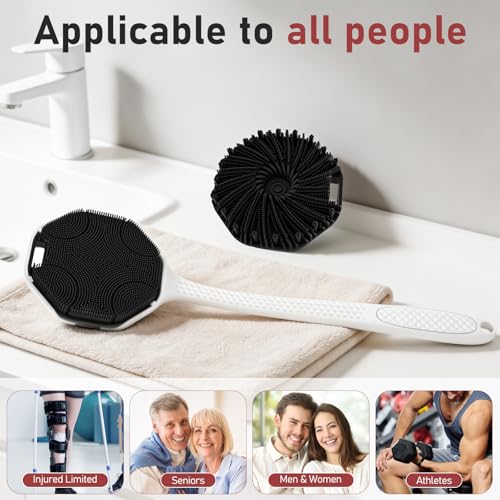 Back Scrubber for Shower for Men 2 Pack, Silicone Body Scrubber with Long Handle, Detachable Body Wash Scrubber Shower Scrub Brush - Lathering Bristles Deep Clean Exfoliator Women Mens Black - color: Grey