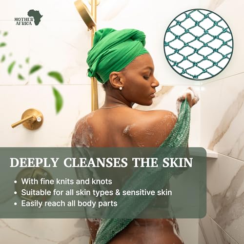 MOTHER AFRICA African Net Sponge Authentic with Knots 2 Pack Black Owned Exfoliating Body Scrubber Bath Sponge for Shower Washcloth Loofah Gentle Deep Cleansing Back Scrubber Face & Body Men & Woman - color: Dark Green & Brown