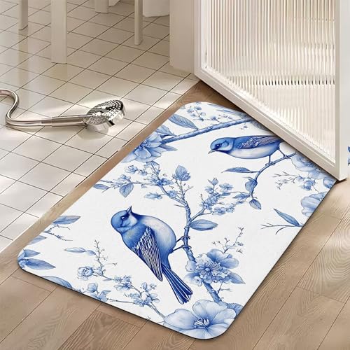 Diatomaceous Bathroom Rugs,Blue Birds Bathroom Decor,Retro Flowers Non Slip Bath Mat,Quick Dry Easy to Clean Care Shower Rug for Home Dorm Low Profile Floor Mat 17 X 29.5 Inch - color: Blue Birds