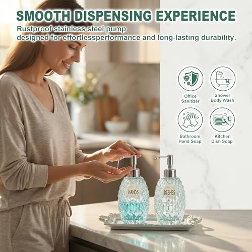 MALACHI Glass Soap Dispenser, 304 Rustproof Stainless Steel Pump, Refillable Multi‑use for Hand Soap, Dish Soap, Body Wash, Shampoo, Baby Wash for Bathroom Kitchen & Commercial - color: Green