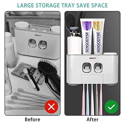 Toothbrush Holder WREWING Multi-Function Wall-Mounted Automatic Toothpaste Dispenser and Dust-Proof Toothbrush Holder with 5 Brush Slots 4 Cups 2 Automatic Toothpaste Dispensers 1 Storage Slot (Grey) - color: Grey