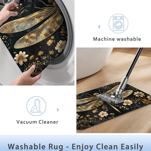 Vintage Dragonfly Bathroom Rug 29.5"x17",Flowers Quick-Drying Super Absorbent Diatomite Bath Mat with Non-Slip Backing, Thin Washable Bathroom Floor Mat Fits Under Door for Shower, Sink, or Tub - color: Vintage Dragonfly Flowers