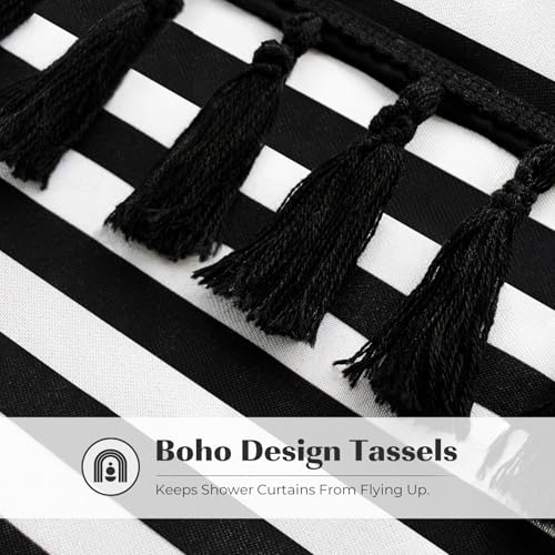 Seasonwood 84 Inch Shower Curtain Black Shower Curtains White Striped with Black Tassels Modern Farmhouse Waterproof Cloth Shower Curtain Set - color: Black, size: 72"W x 84"L (Pack of 1)