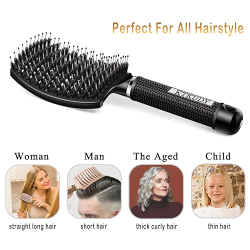 KTKUDY Detangling Brush Boar Bristles Hairbrush Make Hair Shiny & Healthier Curved and Vented Detangler Brush for Women Men Kids Wet & Dry Hair (Black) - color: Black