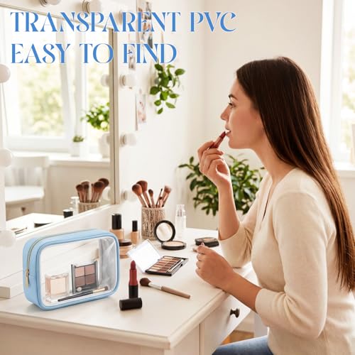 Abbylike 6 Pcs Clear Makeup Bags Bulk PU Leather Cosmetic Pouches Transparent Toiletry Bags with Zipper Waterproof Purse Skincare Car Organizer for Girl Women Travel Gifts(Lake Blue) - color: Lake Blue