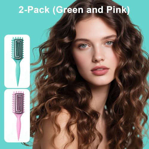 Curly Hair Brush, Curl Defining Brush with Soft Boar Bristles Detangling Tangled Glides, Wide-Teeth Design Effortlessly Shaping & Defining Curls (Pink Green) - color: Pink Green