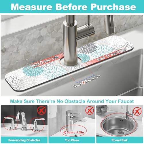Findosom 2PCS 17" x 32" Dish Drying Mat & 24" x 5.5" Sink Splash Guard, Super Absorbent & Cuttable Dish Mat Drying Kitchen Mat with Teal Floral, Hide Stain Drying Mat for Kitchen Counter - color: Teal, size: 17" X 32" + 24" X 5.5"