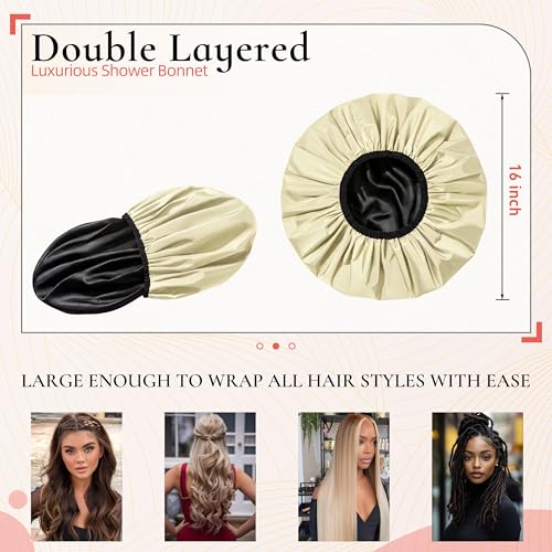 Extra Large Shower Cap for Women, Reusable Waterproof Shower Bonnet with Satin Lining, Double Layer Washable Bath Hair Cap for Braids, Locs, Long Thick Curly Hair, Natural Hair(Big Champagne) - color: Champagne