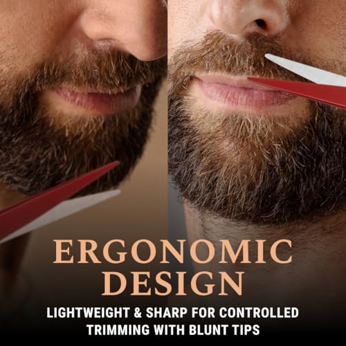 Ontaki Beard & Mustache Scissors for Men - 5inch, True Red - 410C German Steel Durable, Ergonomic Design Travel Friendly Facial Hair Scissors - Beard Grooming Kit 2 Combs & Case Perfect for Styling - color: True Red