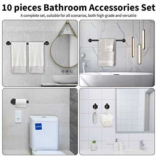 Newfun 10 Pieces Matte Black Bathroom Hardware Set - Includes 24 inch Towel Bar, Robe Hook, Toilet Paper Holder, Stainless Steel Bathroom Accessories Set for Bathroom Wall Mounted - color: Matte Black
