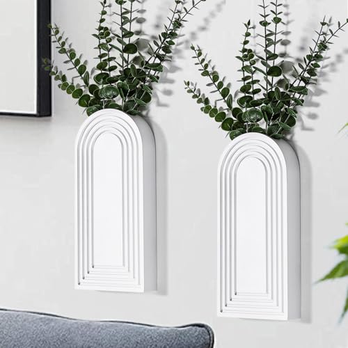 Dnnnii 2 Pack Wooden Wall Vase Set - White Finish Modern Farmhouse & Boho Wall Decor for Entryway, Hallway, Bathroom, Living Room, Dining Room, Narrow Spaces - color: White
