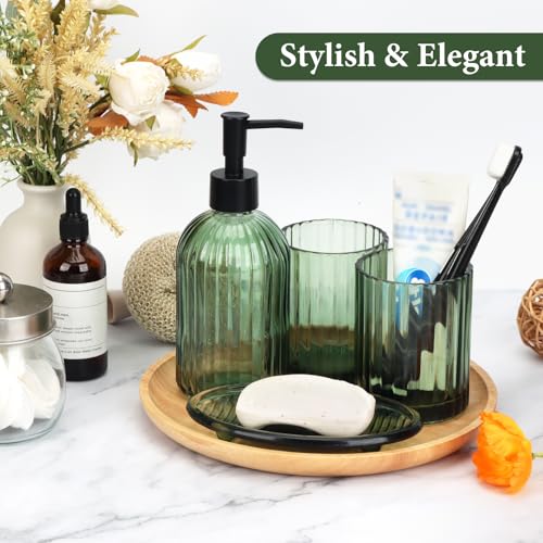 Topsky 4 Pcs Glass Bathroom Accessories Set,13.5oz Liquid Hand Soap Dispenser with Toothbrush Holder,Mouthwash Cup,Soap Dish for Bathroom Countertop,Vertical Stripe Design,Heavy Weight,Army Green