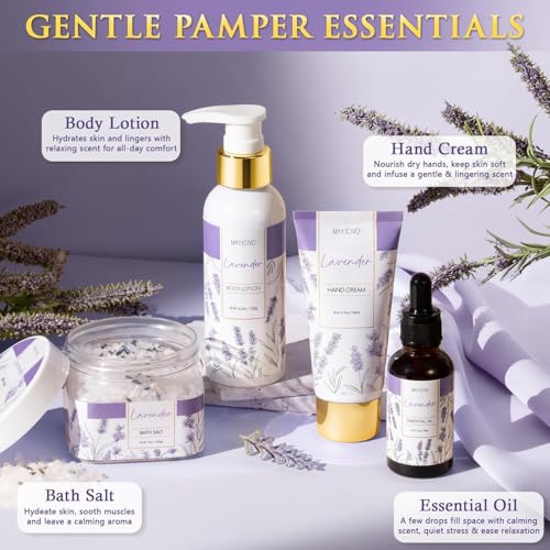 Mothers Day Birthday Gifts for Women, Lavender Relaxing Spa Gift Baskets for Women Self Care Package Bath Gift Set, Home Bath and Body Kit Pamper Gifts for Womens Her Mom Friends Wife Girlfriend Wife - color: Purple-Lavender