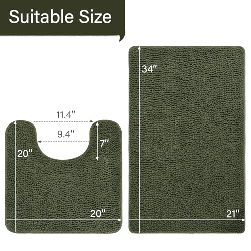 LOCHAS Bathroom Rugs Sets 2 Piece, Soft Non Slip Bath Mat Set, 20''x20'' U-Shaped Toilet Rug and 34''x21'' Olive Green Bath Rugs, Washable Absorbent Chenille Toilet Rug Set for Bathroom, Shower, Sink - color: Olive Green