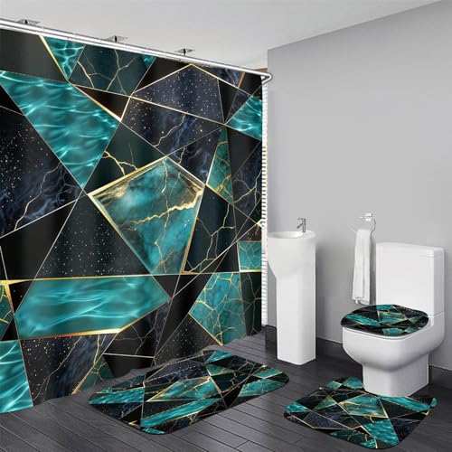 LQCOOL Teal Marble Geometric Shower Curtain Set Bathroom Sets Modern Shower Curtain Set for Bathroom Sets with Rugs and 12 Hooks - color: Teal