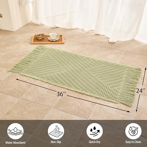 Waffle Bath Mat Non Slip, Boho Bathroom Rug, Super Absorbent Quick Dry Bathroom Mat, Soft Farmhouse Bath Rug with Tassels, Small Washable Shower Mats for Floor 24"x36", Tassels Sage Green - color: Tassels Sage Green, size: 2' x 3' (Rectangular)