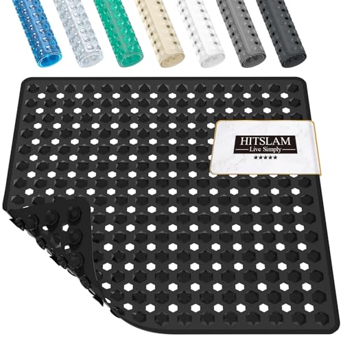 HITSLAM Shower Mat Anti Slip, Square Bath Mat for Tub Non Slip with Suction Cups and Drain Holes, 21x21 Inch Bathroom Shower Stall Floor Mat, Machine Washable, Soft on Feet, Black - color: Black, size: 21" x 21" (Square)