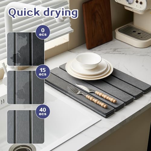 23.6 Inch Foldable Stone Bath Mat, Absorbent Diatomaceous Earth Mat, Dark Grey Easy Clean Rollable Stone Bath Mats for Bathroom, Non-Slip Quick Dry Drying Mat for Kitchen Outdoor Use - color: Dark Grey, size: 1'3" x 1'11" (Rectangular)