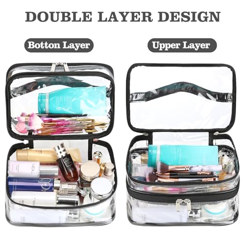 HAOGUAGUA Double Layer Clear Cosmetic Bag Makeup Bag, Waterproof Travel Toiletry Bag, Transparent PVC Pouch Organizer (Black-large) - color: Black-large