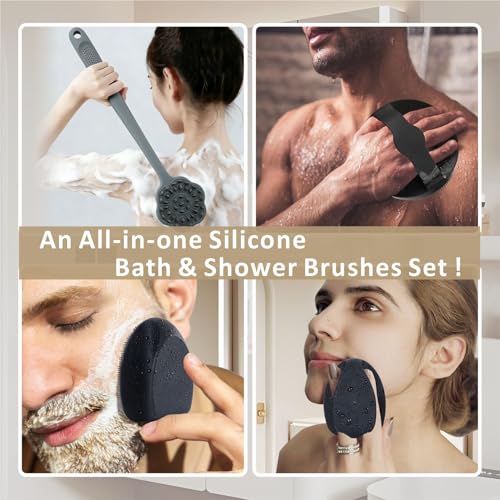 Back Body Scrubber & Face Scrubber for Shower - 15 Inch Long Handle Double Sided Silicone Body Brush for Exfoliation & Massage, Soft Facial Cleansing Brush, Rich Lathering for Deep Cleansing (Gray) - color: Gray