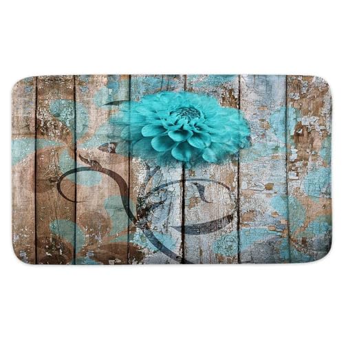 Farmhouse Floral Flower Bath Mat, Teal Dahlia Rustic Wooden Plank Country Barn Wood Turquoise Blue Non-Slip Flannel Soft Doormat Floor Entryways Outdoor Indoor Front Door Mat, (16X24) - color: Green, size: 1'4" x 2' (Rectangular)