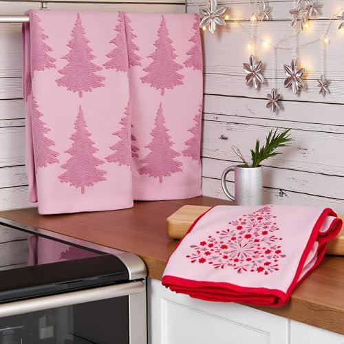 2 Pack Christmas Tree Hand Towels 100% Cotton Jacquard Holiday Kitchen Dish Towels Retro Neutral Pink Bathroom Towels Set Gift Seasonal Xmas Winter Bathroom Decor (Pink Christmas Tree) - color: Pink Christmas Tree