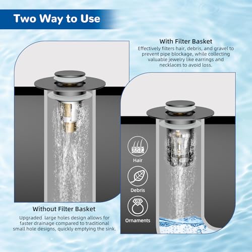 Hibbent Upgraded 3 in 1 Bathroom Sink Drain Strainer, Universal Pop Up Stopper with Removable Stainless Steel Filter Basket Hair Catcher, Sink Plug for 1.1''~2.36'' Basin, Brass Bullet Core, Grey - color: Gray