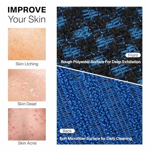Yiclick Dual-Textured Exfoliating Washcloth Towel - Back Scrubber for Use in Shower Bath, Exfoliating Body Scrubber Exfoliator, Japanese Exfoliate Loofah Lufa Sponge Wash Cloth for Women Men - color: Blue