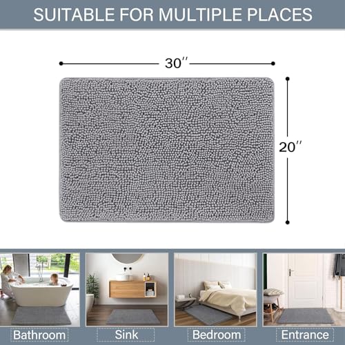 LOCHAS Luxury Bathroom Rug Shaggy Bath Mat 20 x 30 Inch, Washable Non Slip Bath Rugs for Bathroom Shower, Soft Plush Chenille Absorbent Carpets Mats, Gray - color: Grey, size: 1'8" X 2'6" (20''x30'')