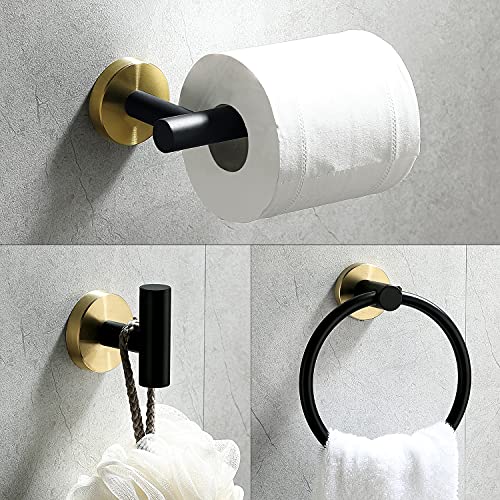 4 Piece Stainless Steel Matte Black and Brushed Gold Bathroom Hardware Set Include Hand Towel Ring Holder, Toilet Paper Holder,and 2 Robe Towel Hooks,Bathroom Accessories Kit - color: Black and Brushed Gold