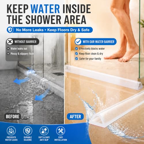 138in Shower Threshold Water Dam, Self-Adhesive Silicone Water Barrier for Wet/Dry Separation, Collapsible Seal Strip for Walk-In Showers, Bathtubs, Kitchen Sinks, Wheelchair Accessible Ramp Design - color: transparent, size: 3.5 m / 138 in