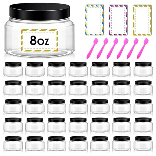 36 Pack 8 oz Plastic Cosmetic Containers With Lids Refillable Clear Empty Travle Jars Containers for Body Butter,Sugar Scrubs,Cream,Lotions,Candy, Waterproof Label&Spatulas - (Black Lid) - color: Clear-Black Lid, size: 8 OZ