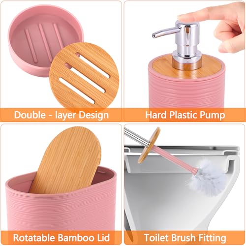 Bathroom Accessory Set,10 PCS Pink Bathroom Accessories Set with Trash Can, Toothbrush Holder, Soap Dispenser, Toothbrush Cup, Vanity Tray, Soap Dish, Toilet Brush, Qtip Holders - color: Pink
