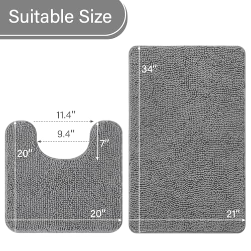 LOCHAS Bathroom Rugs Sets 2 Piece, Soft Non Slip Bath Mat Set, 20''x20'' U-Shaped Toilet Rug and 34''x21'' Light Grey Bath Rugs, Washable Absorbent Chenille Toilet Rug Set for Bathroom, Shower, Sink - color: Light Grey