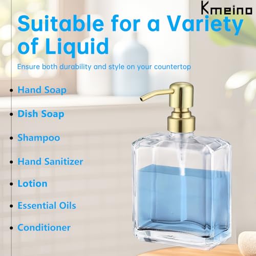 Clear Glass Soap Dispenser Retangular, Brushed Gold Pump, 13.5 oz | Rust Proof Stainless Steel Pump, Refillable, Hand Soap, Liquild Soap, Dish Soap - color: Gold, size: 13.5oz-Square