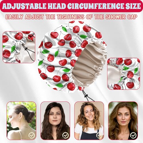 Luxury Shower Cap Satin Lined Reusable Waterproof Double Layer Elastic Adjustable Hair Bath Cap Cute Aesthetic Women Girls-Cherry - color: F4-Cherry
