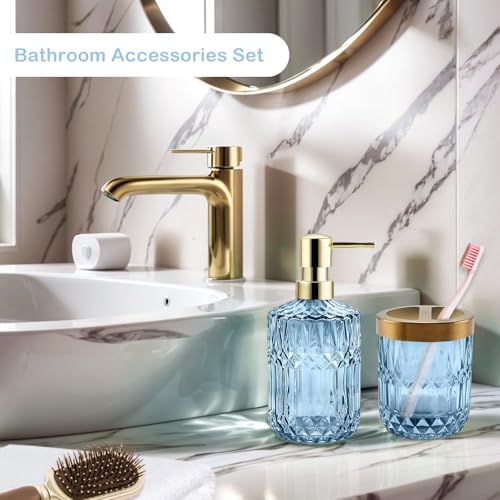 2Pcs Blue Bathroom Accessories Set, Glass Bathroom Accessories, Vintage Bathroom Countertop Decoration Includes Soap Dispenser, Toothbrush Holder - color: Blue, size: 2 Pcs