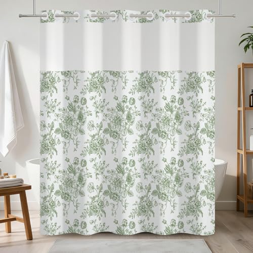 No Hook Cottagecore Floral Shower Curtain with Snap in Liner | 71x74 Inch, Sage Green Floral Shower Curtains for Farmhouse Bathroom, Waterproof Fabric Bath Curtain with Mesh Top Window - color: Green Floral