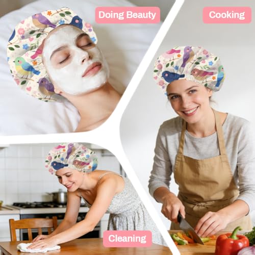 Bohemian Birds Flowers Reusable Shower Cap Cute Double Layer Waterproof Shower Caps Large Elastic Hair Cover Adjustable Hair - Drying Caps for Woman Bath SPA Travel One Size Fits Most - color: Birds Flowers