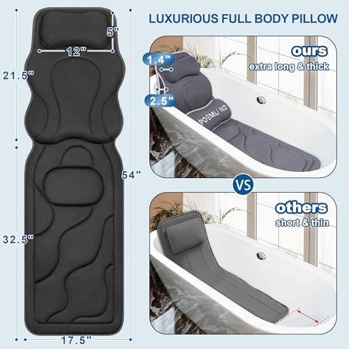 Poemland Luxury Full Body Bath Pillows for Tub-Extra Thick Bathtub Cushion with Lumbar Pillow for Neck and Back Support, Bath Accessories, Gift for Relaxing, Soaking, Spa - color: Black