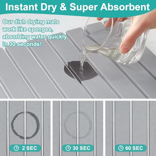 Large Stone Dish Drying Mat for Kitchen Sink Countertop Dish Drainer Diatomaceous Earth Mat Collapsible Dishes Rack Drying Tray Water Absorbent Quick Draining Pads Fast Foldable Bathroom Drying Mats - color: Light Gray