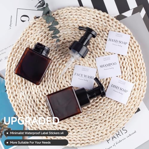 250ML Foaming Soap Dispenser, 2-Pack Plastic Hand Soap Dispenser, Refillable Leakproof Foam Pump Bottle with Waterproof Labels, for Shampoo, Body Wash - color: Brown, size: 250ML