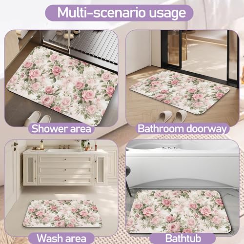 Shabby Chic Flower Bathroom Rug, Rapid Dry Absorbent with Non-Slip Rubber Base Bath Mats for Bathroom 17"x30" - color: Shabby Chic Flower