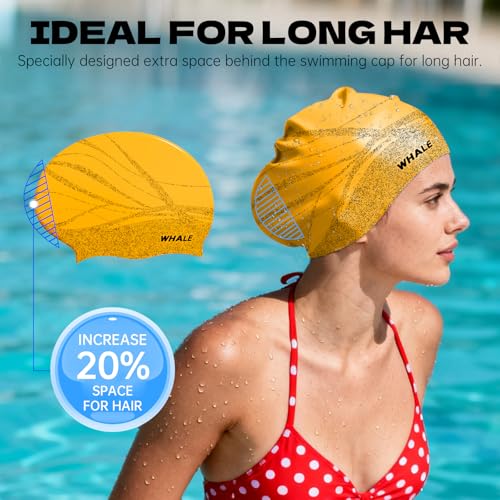 WHALE Extra Large Swim Cap Designed for Men and Women with Thick, Long Hair, Hair Extensions Or Afro-Textured Hair Long-Hair Swim Cap Highly Waterproof to Keep Hair Dry - color: Yellow