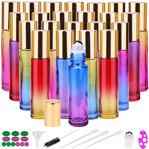 inice 24 10ml Essential Oils Roller Bottles Gradient Color Thick Glass Roll on Bottle Golden Metal Cap for Travel - color: 24 PACK Gradient Color Roller Bottles