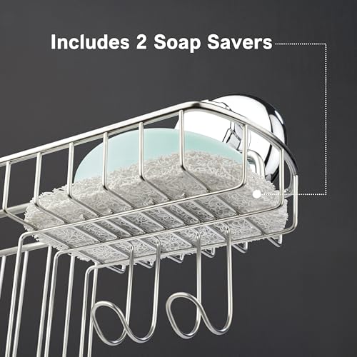 HASKO Suction Cup Shower Caddy Basket for Shampoo, Shower Suction Shelf Organizer, Basket with Soap Holder and Hooks, Stainless Steel Shampoo Holder for Bathroom Storage, Chrome - color: Chrome