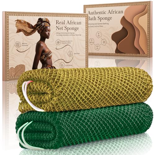 African Net Sponge Authentic 2 Pieces Gentle Exfoliating Body Scrubber Bath Sponges for All Skin Types, African Exfoliating Net Sponge with Handles Washcloth Loofah Bathing Accessories for Shower - style: Dark green, Olive green