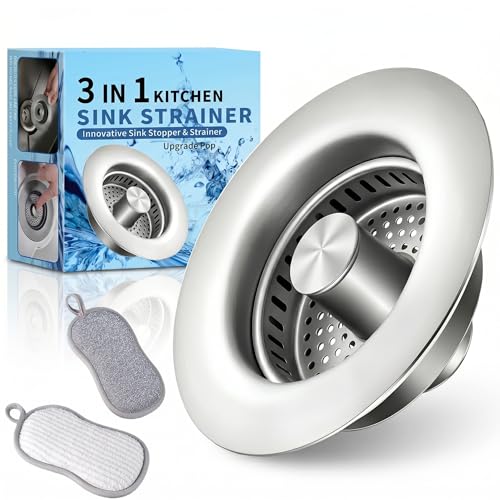 3-in-1 Kitchen Sink Drain Strainer and All-Purpose Scrub Sponges, Sink Stopper Pop-Up Drain Plug with Anti-Clogging Food Catcher Basket, Fits US Standard 3-1/2 Inch Sinks,Sponge Cleaning Dish - color: Chorme+ Kitchen Dish Towel