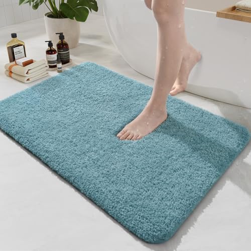 HOMORE Bathroom Rug Set 2 Piece, Soft Absorbent Bath Mats Set,Machine Washable Spa Blue Bath Rug Sets for Bathroom Non Slip,(21"x34"+21"x21") Plush Shaggy U Shape Contour Toilet - color: Spa Blue