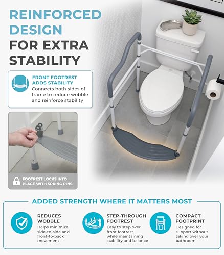 Stander Wonder Toilet Safety Rails for Seniors, Adjustable Detachable Toilet Frame with Padded Handles for Elderly Adults, Foldable Handicap Support Rail with Footrest, Fits Any Toilets